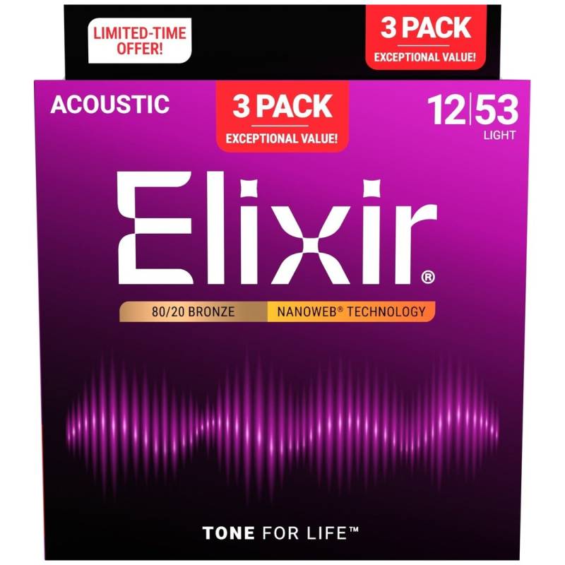 Струны для акустической гитары Elixir 3 Pack 16539 Nanoweb 80/20 Bronze Light 12/53