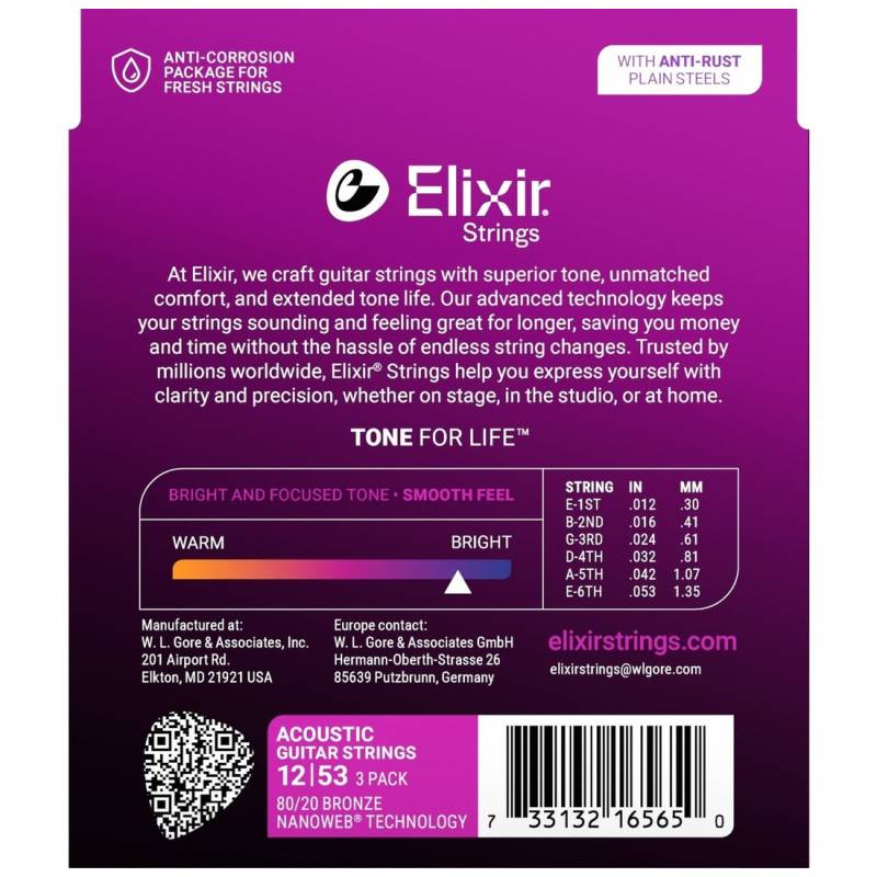 Струны для акустической гитары Elixir 3 Pack 16539 Nanoweb 80/20 Bronze Light 12/53