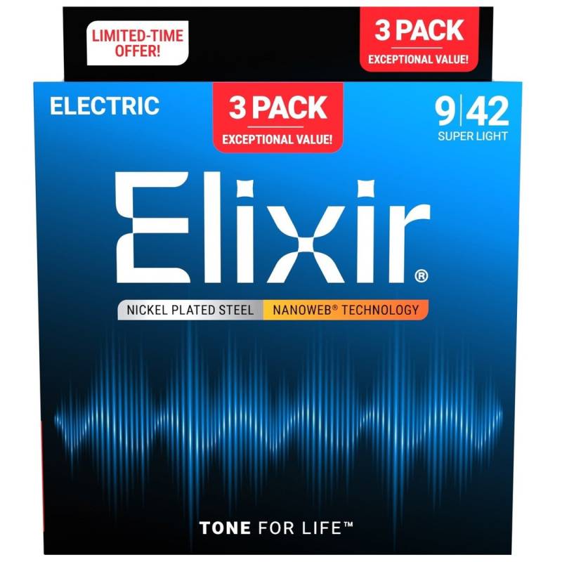 Струни для електрогітари Elixir 3 Pack 16540 Nanoweb Nickel Plated Steel Super Light 9/42