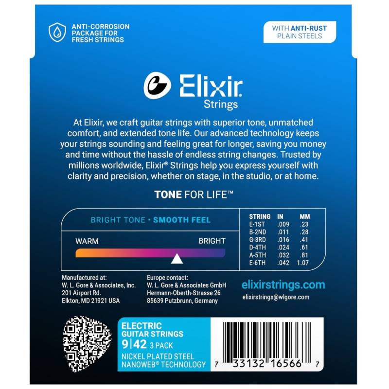 Струни для електрогітари Elixir 3 Pack 16540 Nanoweb Nickel Plated Steel Super Light 9/42