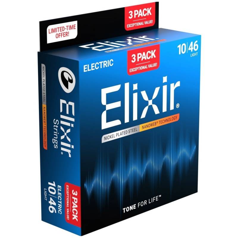 Струни для електрогітари Elixir 3 Pack 16542 Nanoweb Nickel Plated Steel Light 10/46