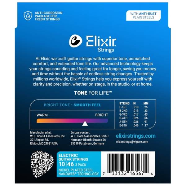 Струны для электрогитары Elixir 3 Pack 16542 Nanoweb Nickel Plated Steel Light 10/46