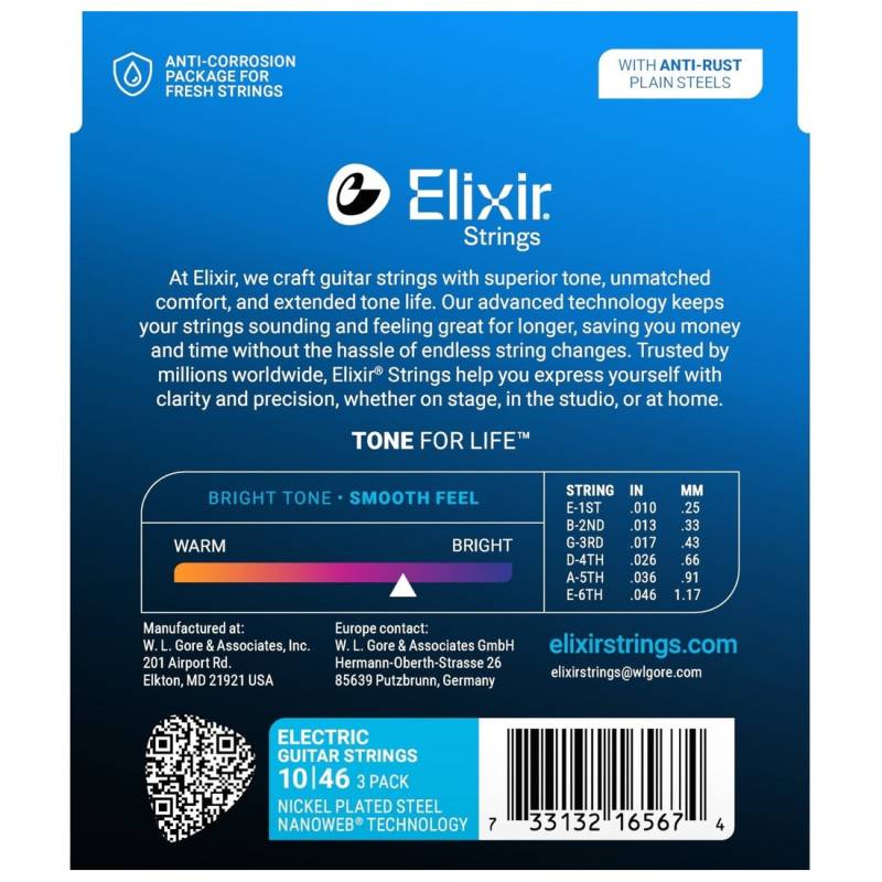 Струни для електрогітари Elixir 3 Pack 16542 Nanoweb Nickel Plated Steel Light 10/46