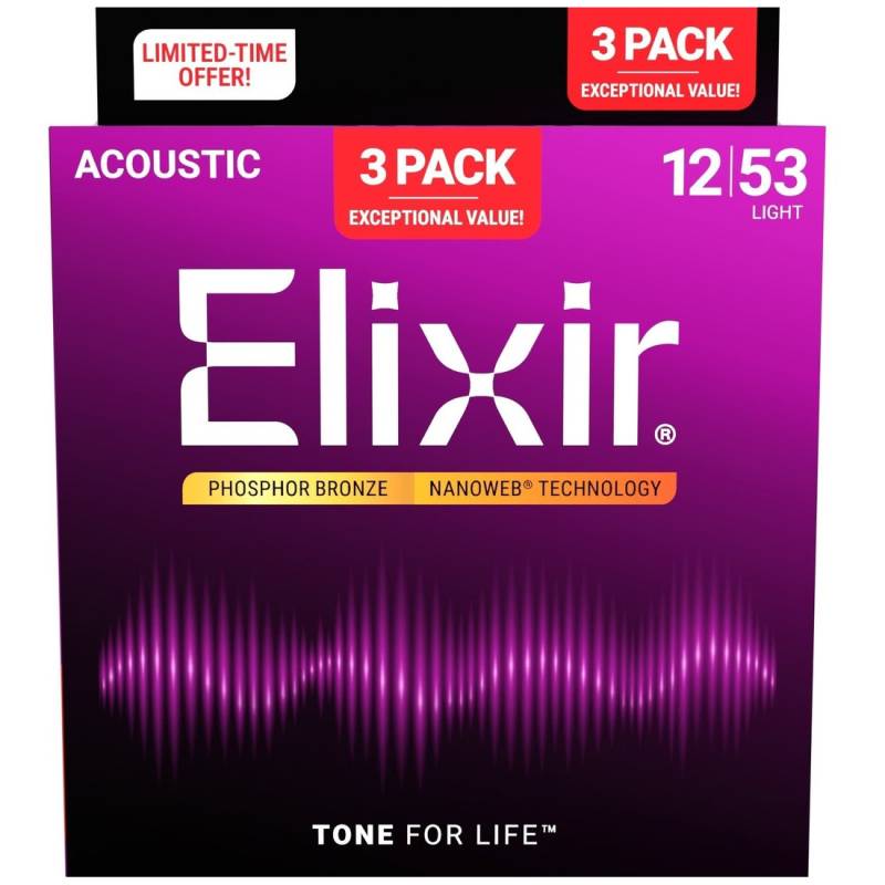 Струны для акустической гитары Elixir 3 Pack 16545 Nanoweb Phosphor Bronze Light 12/53