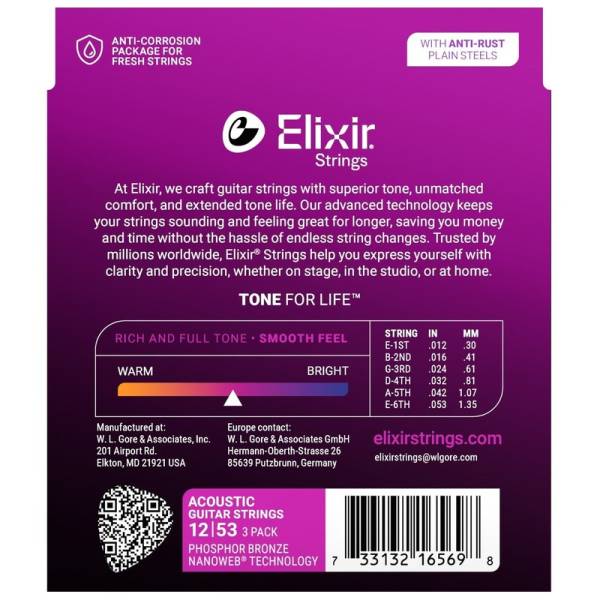 Струни для акустичної гітари Elixir 3 Pack 16545 Nanoweb Phosphor Bronze Light 12/53