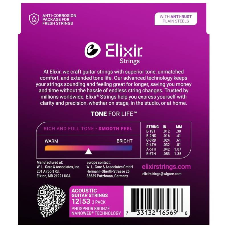 Струны для акустической гитары Elixir 3 Pack 16545 Nanoweb Phosphor Bronze Light 12/53