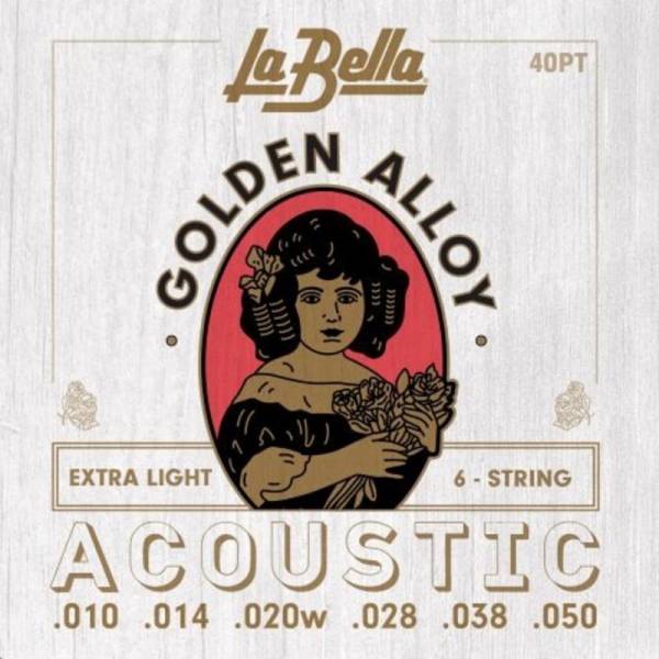 Струни для акустичної гітари La Bella 40PT 80/20 Golden Alloy Extra Light 10/50