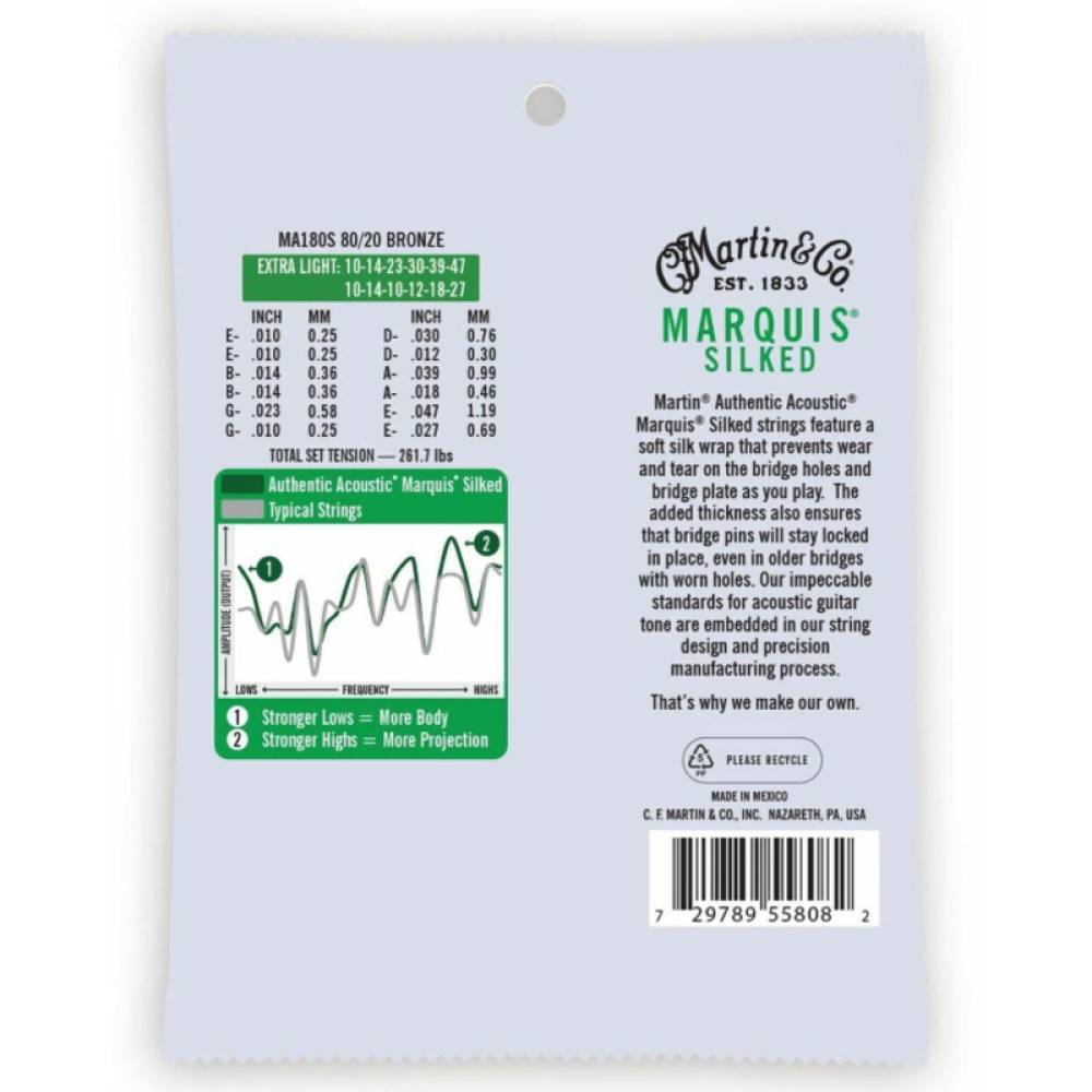 Струни для акустичної гітари Martin MA180S Marquis Silked 80/20 Bronze Extra Light 10/47