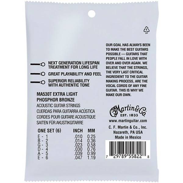 Струны для акустической гитары Martin MA530T 92/8 Lifespan Treated Phosphor Bronze Extra Light Authentic 10/47