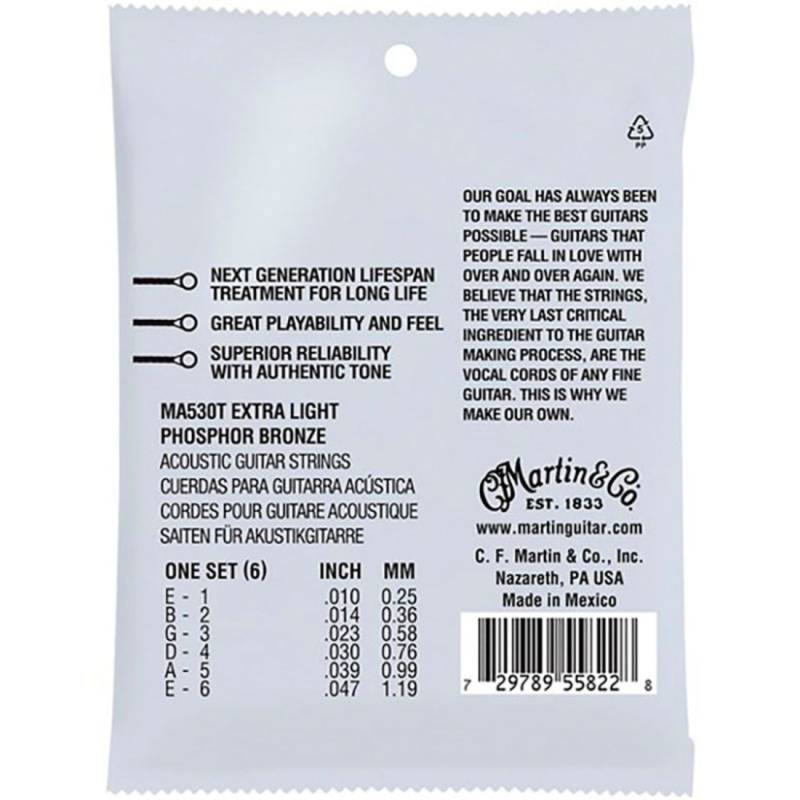 Струны для акустической гитары Martin MA530T 92/8 Lifespan Treated Phosphor Bronze Extra Light Authentic 10/47
