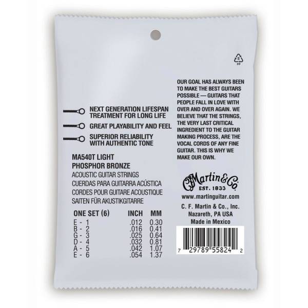 Струни для акустичної гітари Martin MA540T 92/8 Lifespan Treated Phosphor Bronze Light Authentic 12/54