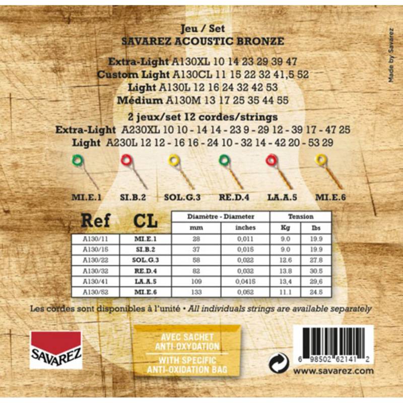 Струны для акустической гитары Savarez A130CL Bronze Custom Light 11/52