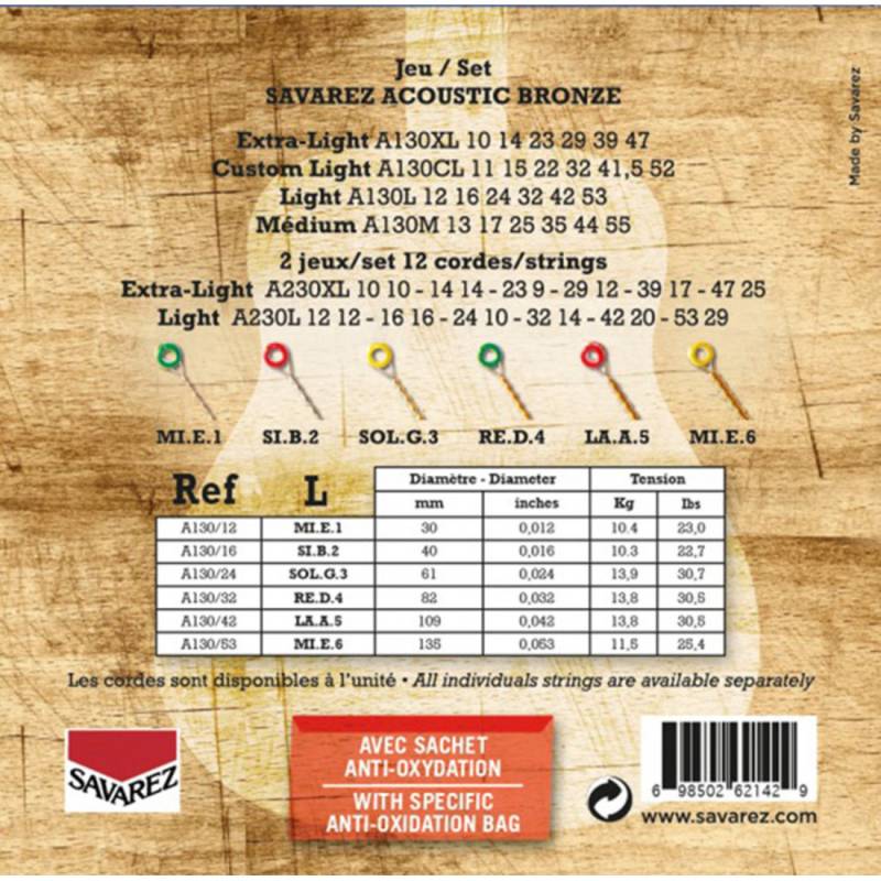Струни для акустичної гітари Savarez A130L Bronze Light 12/53