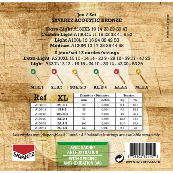 Струни для акустичної гітари Savarez A130XL Bronze Extra Light 10/47