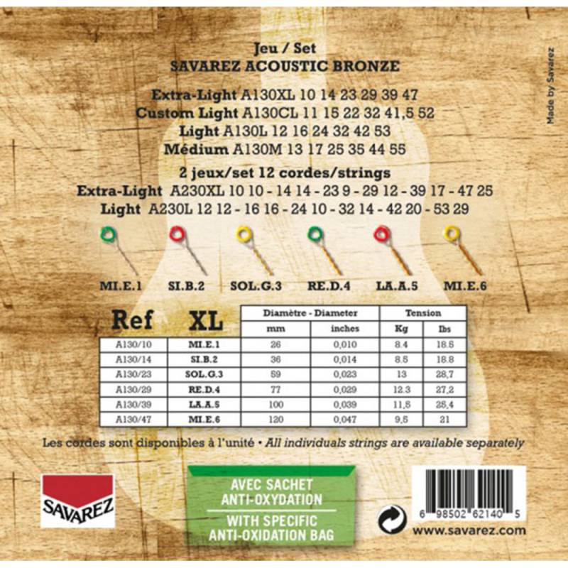 Струны для акустической гитары Savarez A130XL Bronze Extra Light 10/47