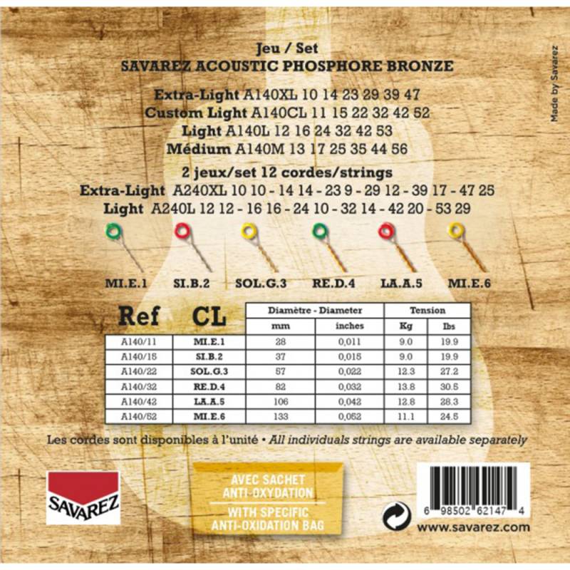 Струны для акустической гитары Savarez A140CL Phosphor Bronze Custom Light 11/52