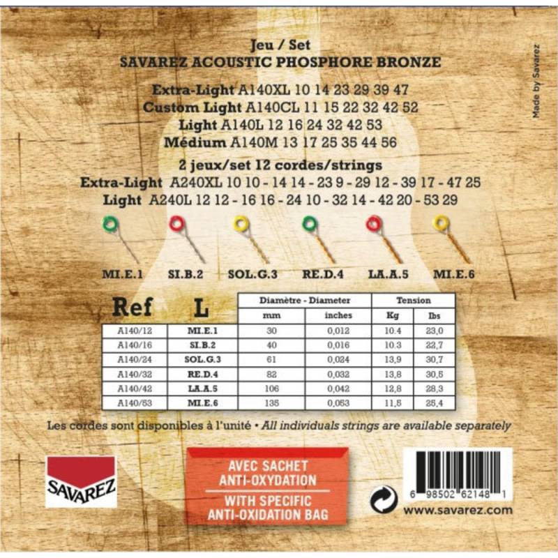Струни для акустичної гітари Savarez A140L Phosphor Bronze Light 12/53