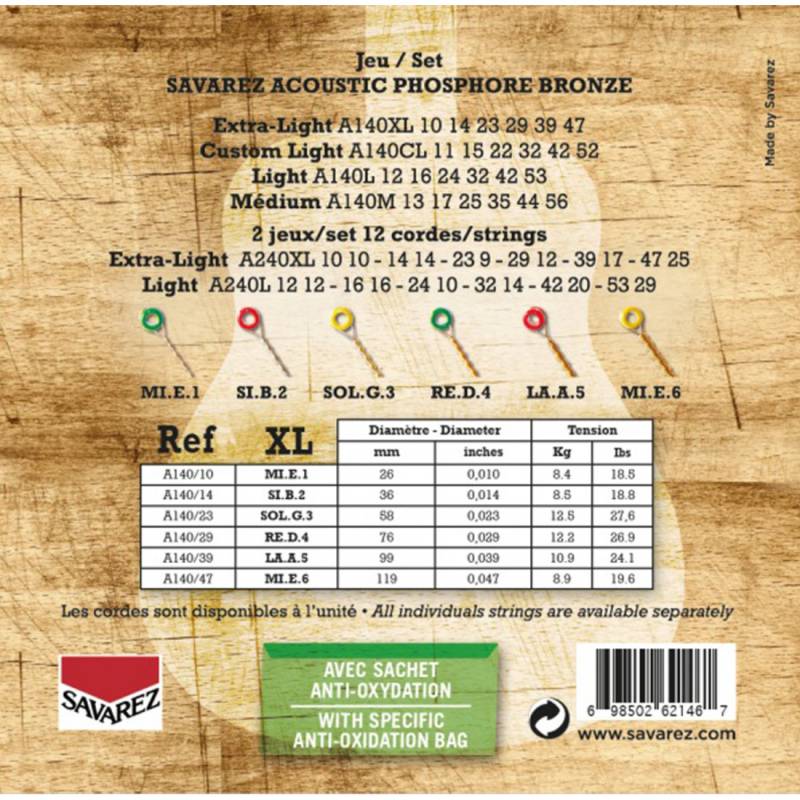 Струни для акустичної гітари Savarez A140XL Phosphor Bronze Extra Light 10/47
