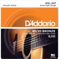 Струны для акустической гитары D'Addario EJ10 80/20 Bronze Extra Light 10/47
