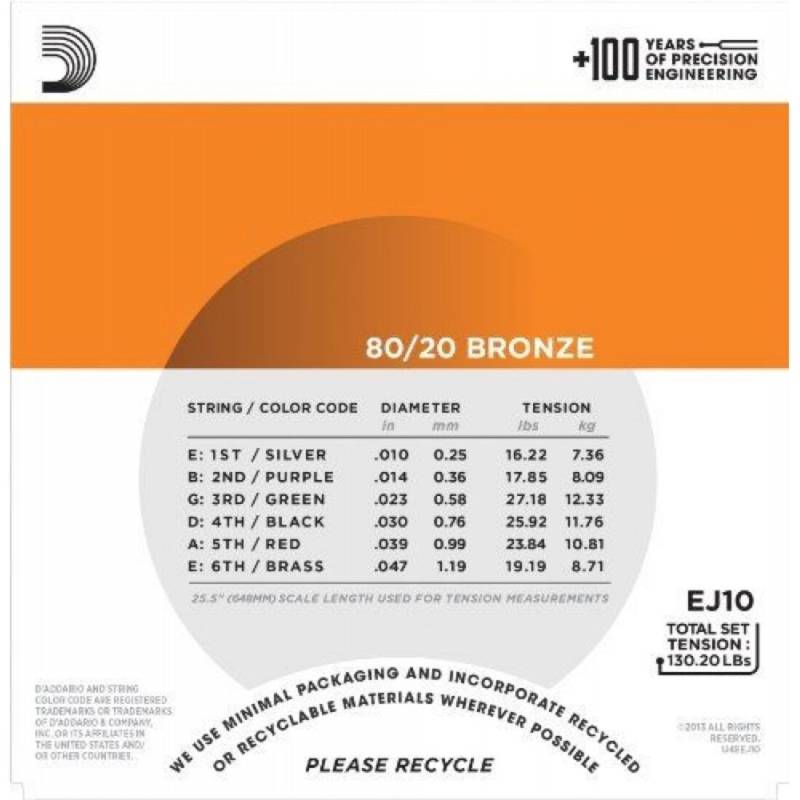 Струни для акустичної гітари D'Addario EJ10 80/20 Bronze Extra Light 10/47