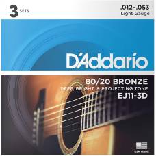 Струни для акустичної гітари 3 Sets D'Addario EJ11-3D 80/20 Bronze Light 12/53