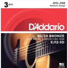 Струни для акустичної гітари 3 Sets D'Addario EJ12-3D 80/20 Bronze Medium 13/56