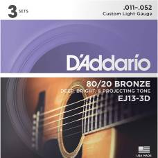 Струны для акустической гитары 3 Sets D'Addario EJ13-3D 80/20 Bronze Custom Light 11/52