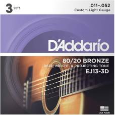 Струни для акустичної гітари 3 Sets D'Addario EJ13-3D 80/20 Bronze Custom Light 11/52