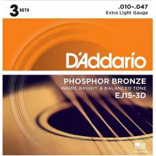Струни для акустичної гітари 3 Sets D'Addario EJ15-3D Phosphor Bronze Extra Light 10/47