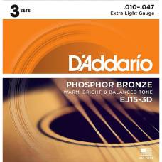 Струны для акустической гитары 3 Sets D'Addario EJ15-3D Phosphor Bronze Extra Light 10/47