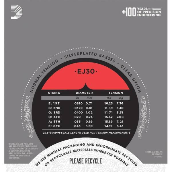 Струны для классической гитары D'Addario EJ30 Rectified Trebles Normal Tension