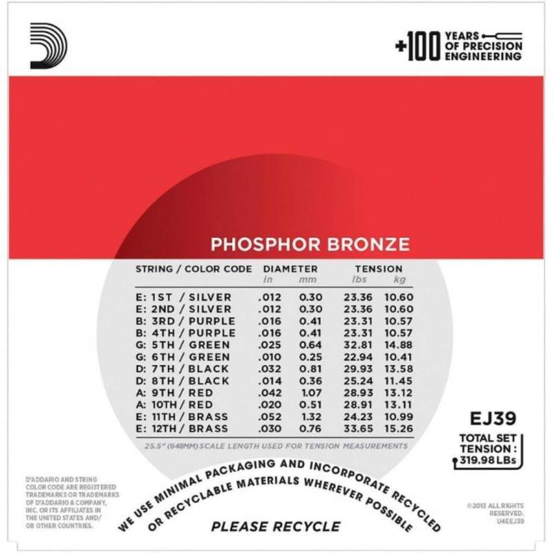Струны для акустической гитары D'Addario EJ39 Phosphor Bronze Medium 12-Strings 12/52
