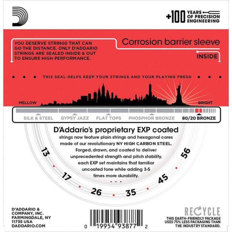 Струны для акустической гитары D'Addario EXP12 80/20 Bronze Medium 13/56