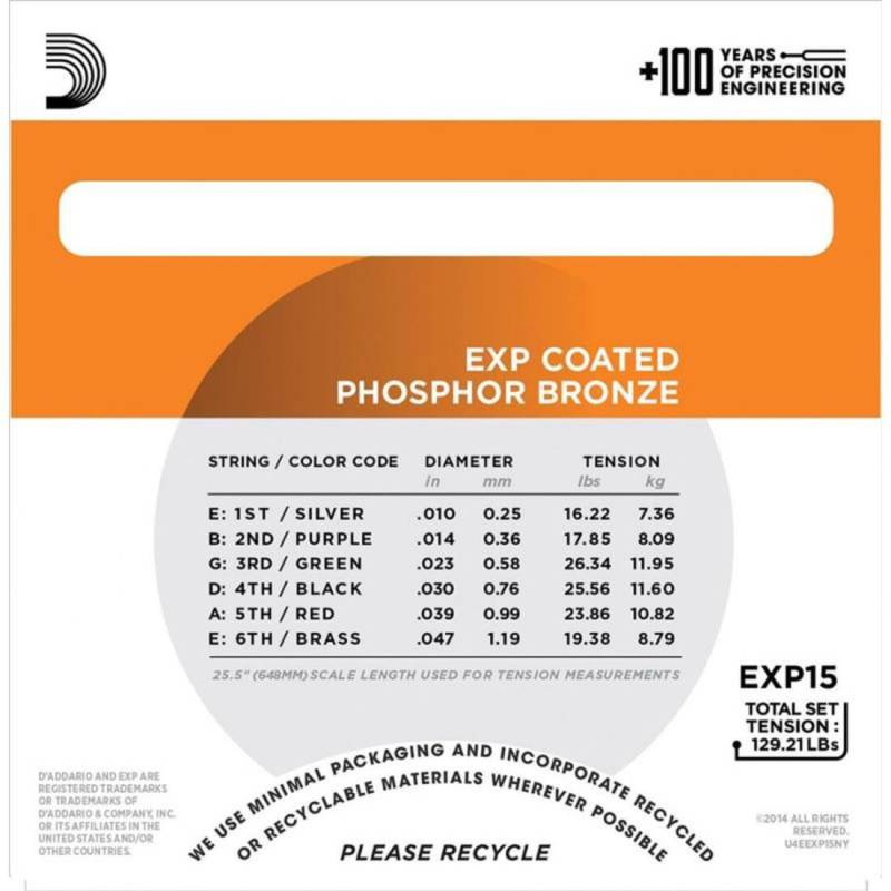 Струны для акустической гитары D'Addario EXP15 Phosphor Bronze Extra Light 10/47