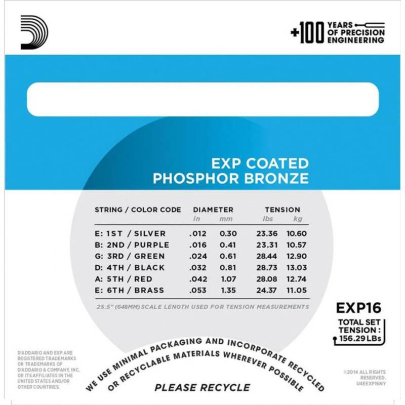 Струны для акустической гитары D'Addario EXP16 Phosphor Bronze Light 12/53