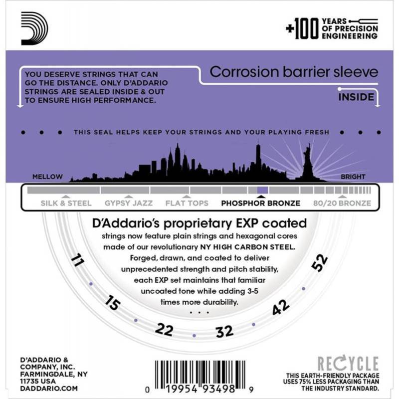 Струны для акустической гитары D'Addario EXP26 Phosphor Bronze Custom Light 11/52