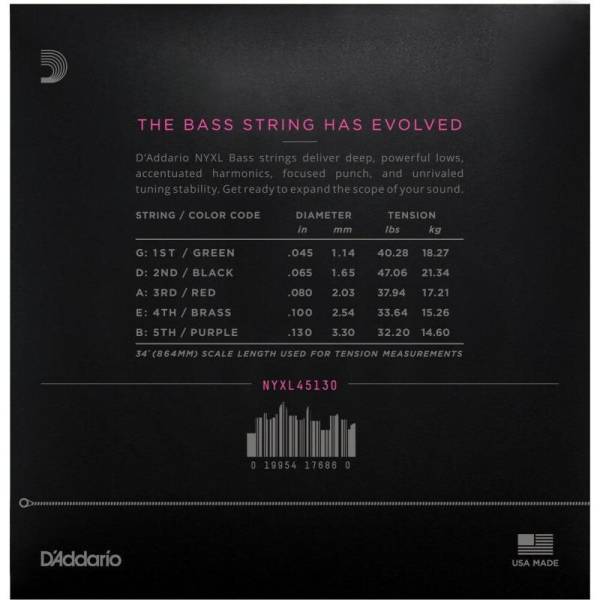 Струни для бас-гітари D'Addario NYXL45130 Nickel Wound Regular Light 5 Strings 45/130