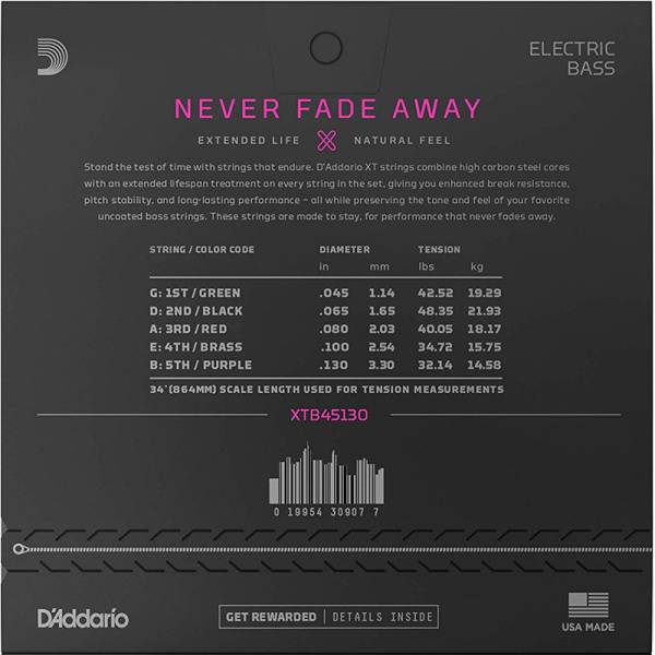 Струни для бас-гітари D'Addario XTB45130 XT Bass Regular Light 5-Strings 45/130
