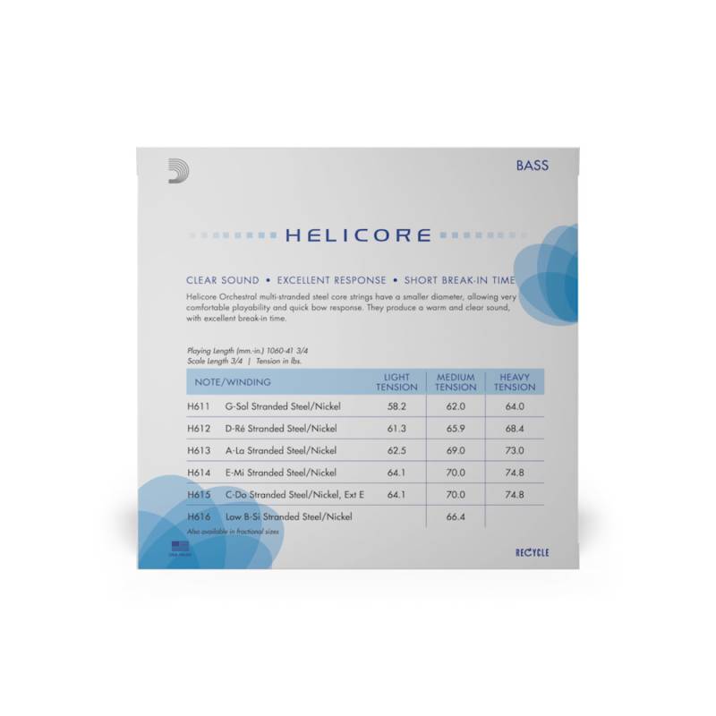Струни для контрабаса D'Addario HELICORE ORCHESTRAL BASS STRING SET 3/4 Scale Medium Tension