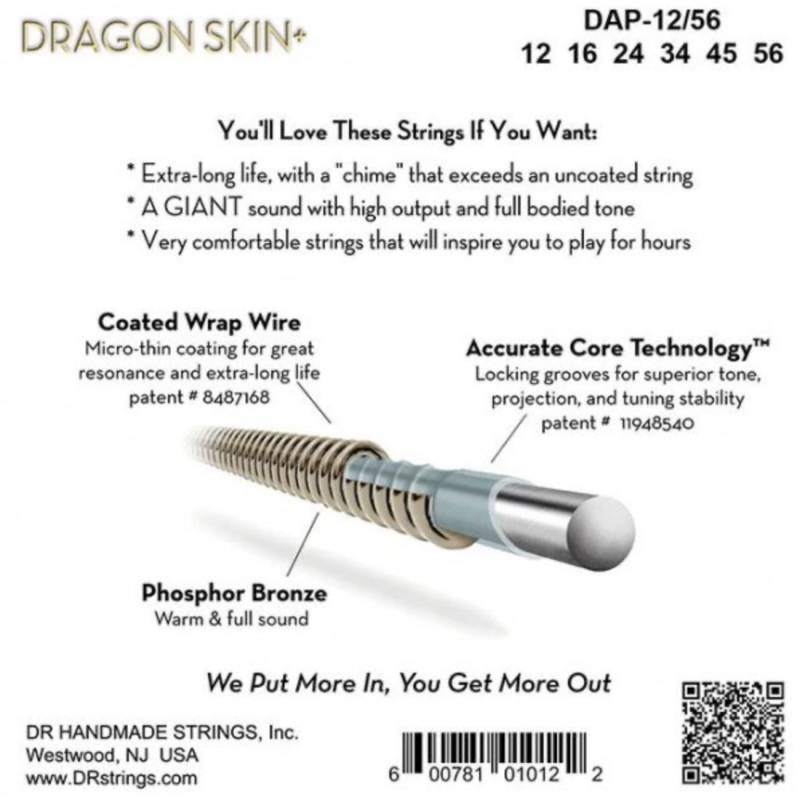 Струны для акустической гитары DR DAP-12/56 Dragon Skin+ Acoustic Phosphor Bronze Bluegrass 12/56