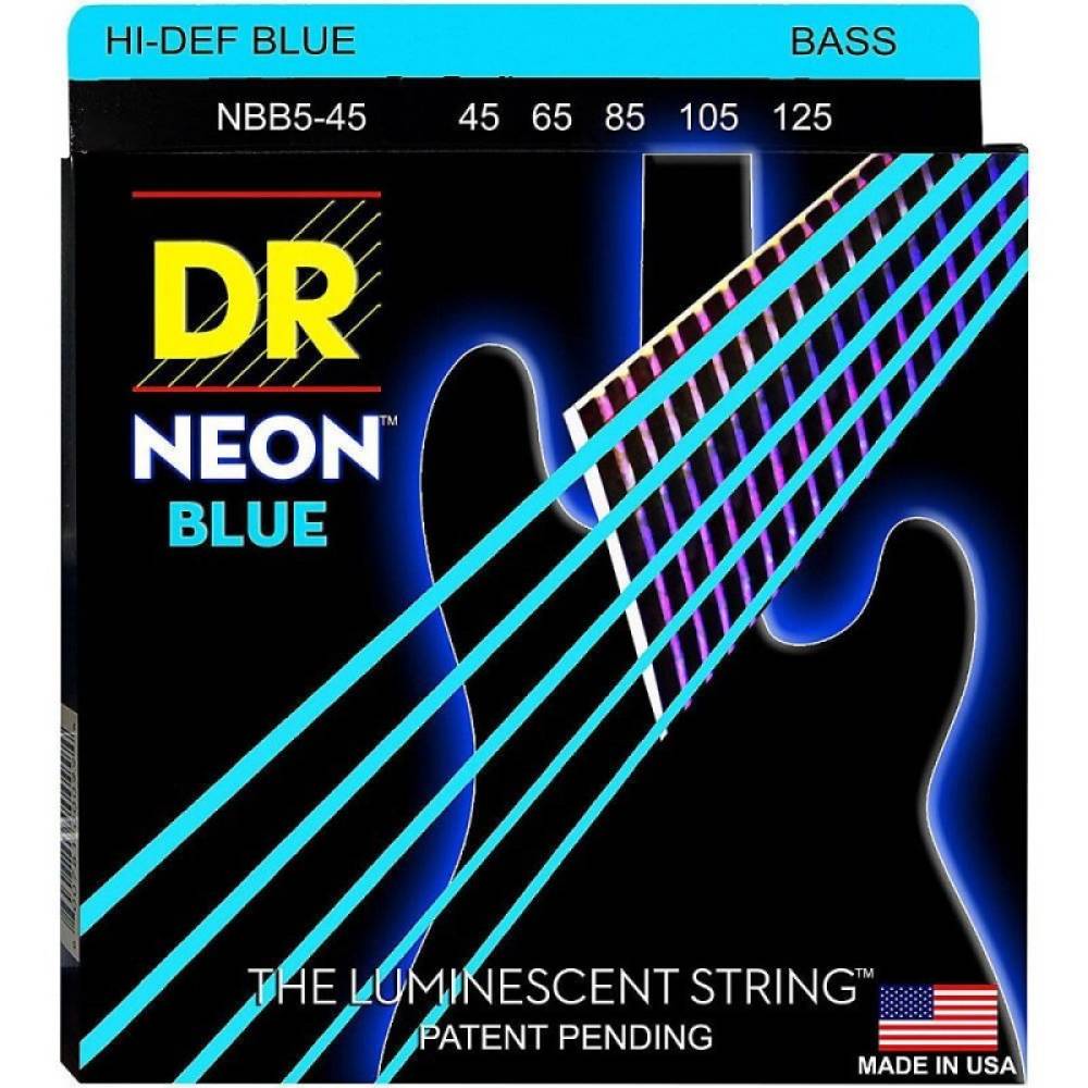 Струни для бас-гітари DR NBB5-45 Hi-Def Neon Blue K3 Coated Medium 5 Strings 45/125