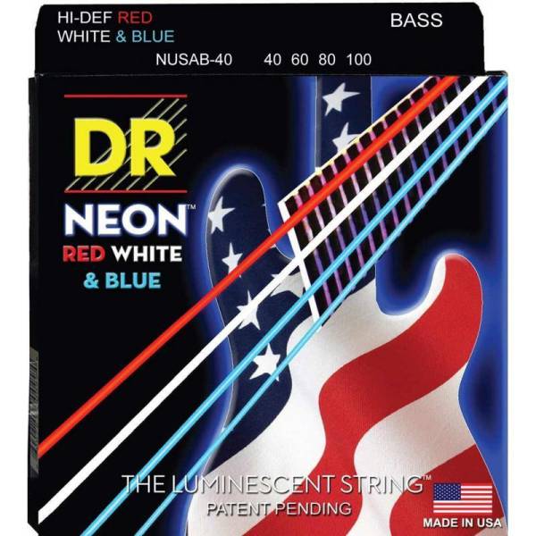 Струны для бас-гитары DR NUSAB-40 Hi-Def Neon Red White & Blue K3 Coated Light 40/100