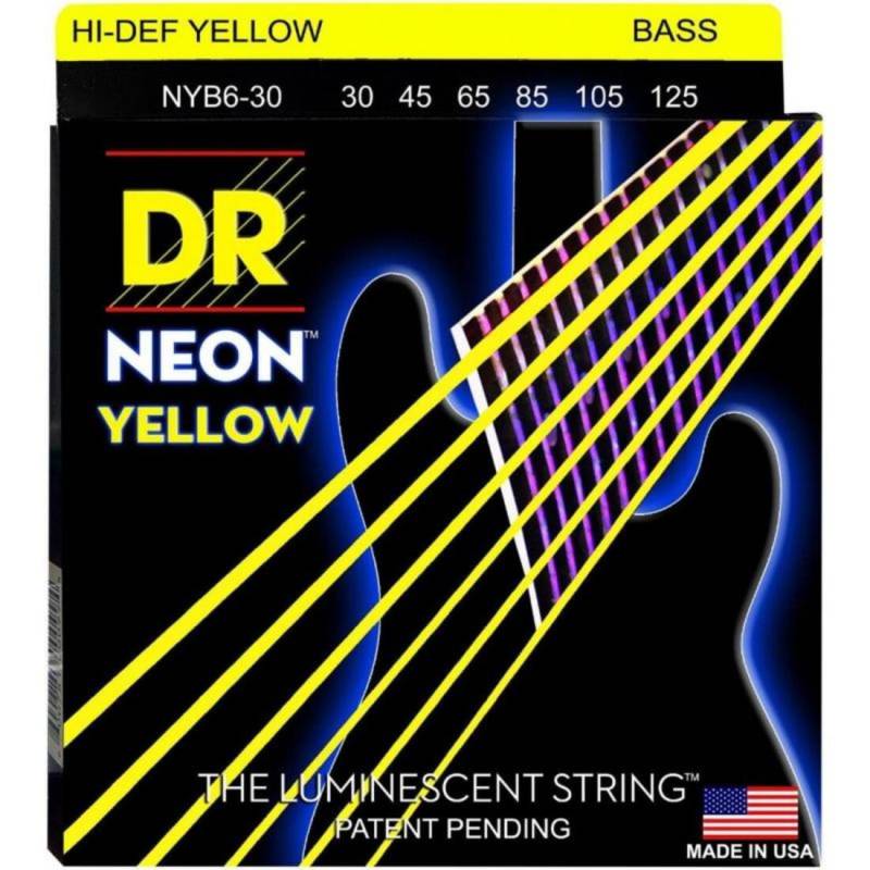 Струни для бас-гітари DR NYB6-30 Hi-Def Neon Yellow K3 Coated Medium 6 Strings 30/125