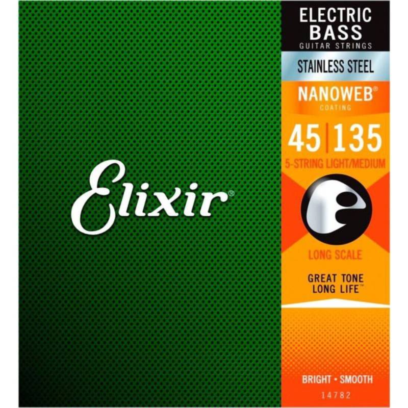 Струны для бас-гитары Elixir 14782 Nanoweb Coated Stainless Steel Light/Medium 5-String 45/135