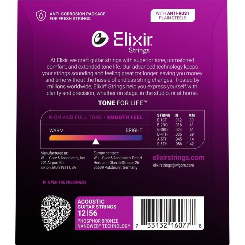 Струны для акустической гитары Elixir 16077 Nanoweb Phosphor Bronze Light-Medium 12/56