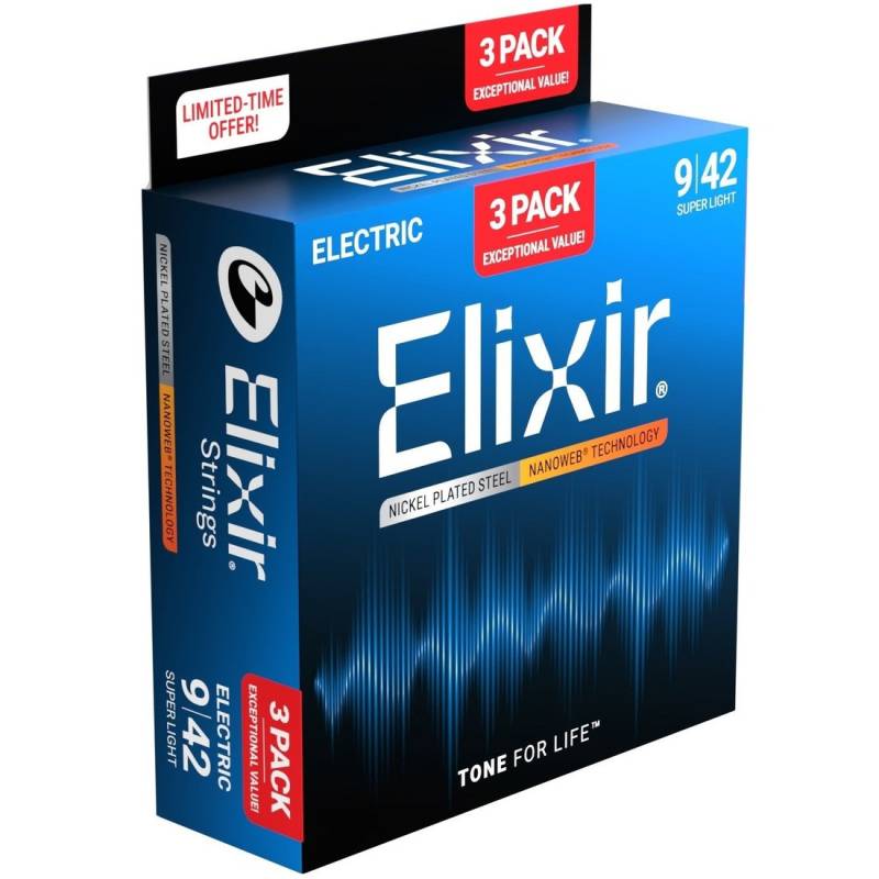 Струни для електрогітари Elixir 3 Pack 16540 Nanoweb Nickel Plated Steel Super Light 9/42
