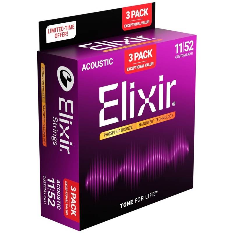 Струны для акустической гитары Elixir 3 Pack 16544 Nanoweb Phosphor Bronze Custom Light 11/52