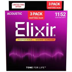 Струни для акустичної гітари Elixir 3 Pack 16544 Nanoweb Phosphor Bronze Custom Light 11/52