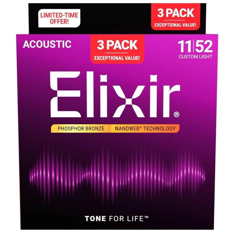 Струны для акустической гитары Elixir 3 Pack 16544 Nanoweb Phosphor Bronze Custom Light 11/52