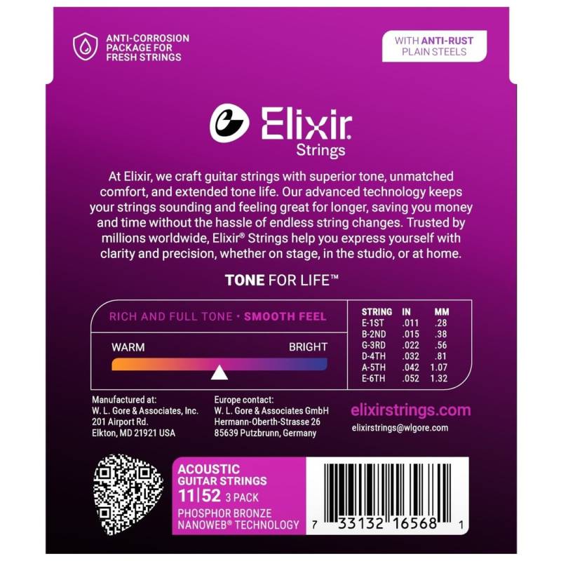 Струны для акустической гитары Elixir 3 Pack 16544 Nanoweb Phosphor Bronze Custom Light 11/52